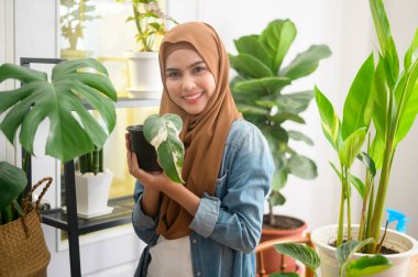 Mutlu, genç bir müslüman kadın bahçedeki boş zamanlarında eğleniyor ve dinleniyor. 