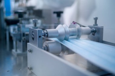 Modern fabrikada cerrahi maske, Covid-19 koruma ve tıbbi konsept üretme makinelerini kapatın..