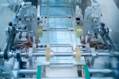 Modern fabrikada cerrahi maske, Covid-19 koruma ve tıbbi konsept üretme makinelerini kapatın..