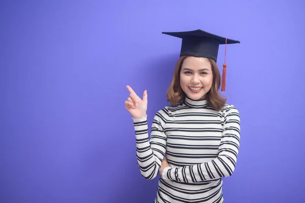 Portrait Young Woman Graduated Blue Background — Stock Photo, Image