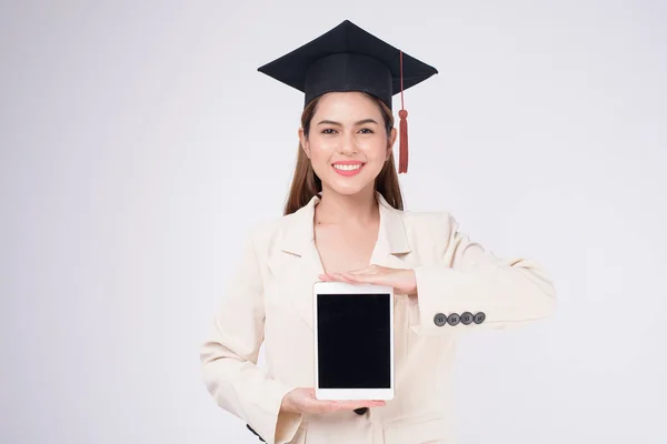 Portrait Young Woman Graduated White Background — Stock Photo, Image