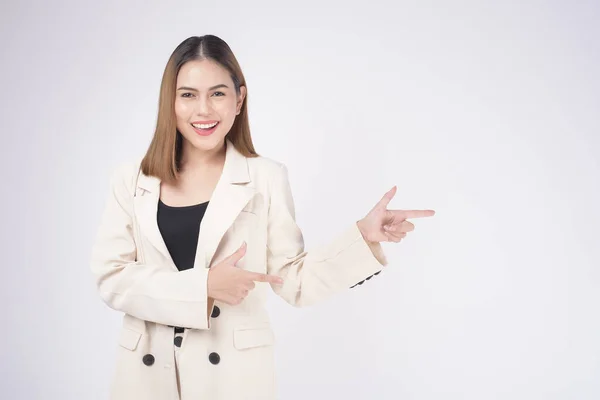 Portrait Young Beautiful Businesswoman Wearing Suit White Background Studio — Stock Photo, Image