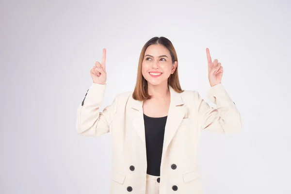 Portrait Young Beautiful Businesswoman Wearing Suit White Background Studio — Stockfoto