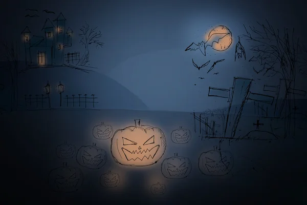 Gruseliger Friedhof und Bauernhaus im Wald - Halloween-Hintergrund — Stockfoto