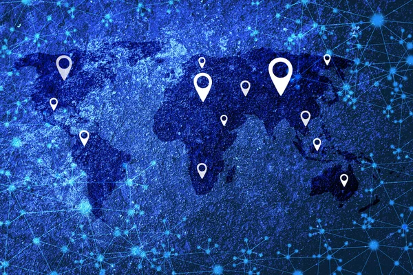 Mapa do mundo azul com pinos de localização — Fotografia de Stock