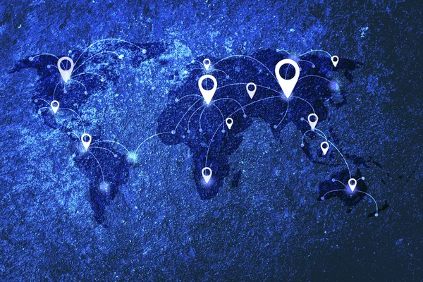 Карта блакитного світу з шпильками місцезнаходження — стокове фото