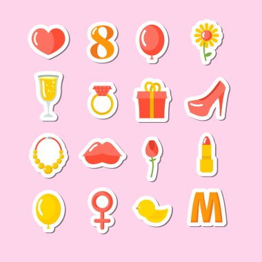 8 Mart simgeleri ayarlayın. Tatil hediyesi. Öpücük ve kalp. Gül bir