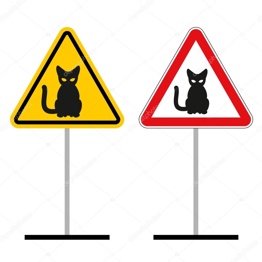 Warning sign attention cats. Hazard yellow sign a pet. Cat on a 