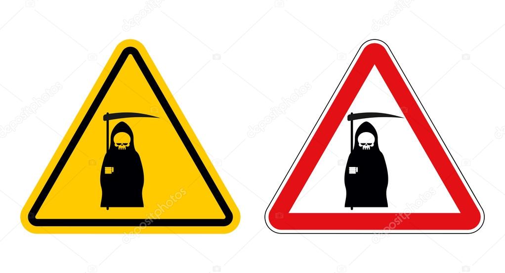 grim reaper warning sign of attention. Death Danger Yellow sign.