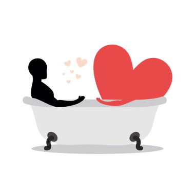 Heart of man in bath. Man and symbol of love is taking a bath. J