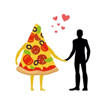 In love with pizza man. Man and slice of pizza. Lovers holding h