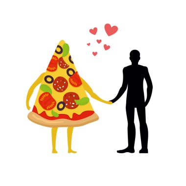 In love with pizza man. Man and slice of pizza. Lovers holding h clipart