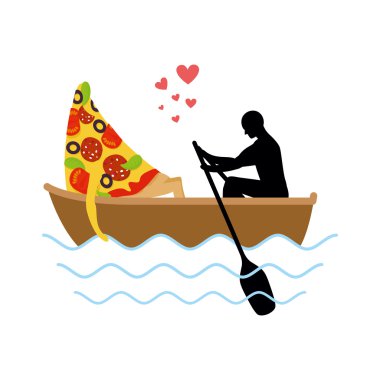 Man and slice of pizza and ride in boat. Lovers of sailing. Man 