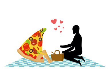Pizza on picnic. Rendezvous in Park. piece of pizza and man. Cou