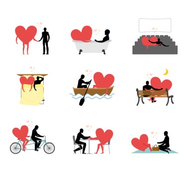 Lovers set of silhouettes. Man and heart in movie theater. Lover