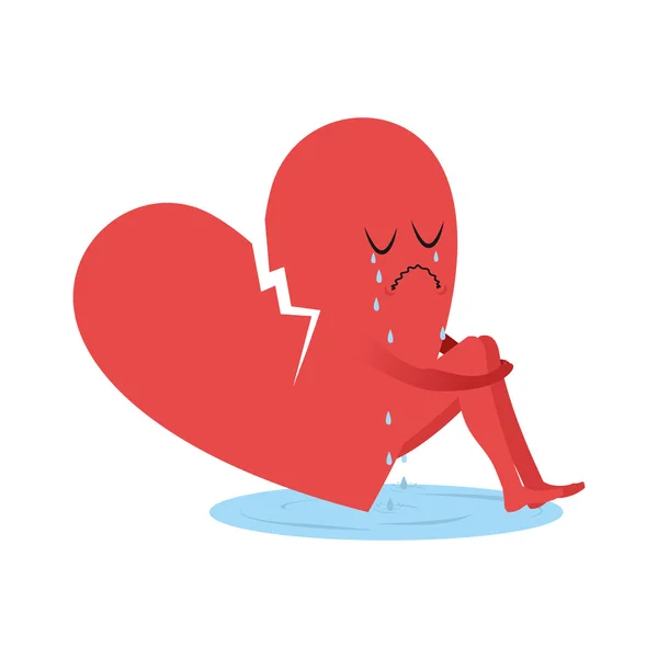 Η ραγισμένη καρδιά κλαίει. Σύμβολο της αγάπης που κάθεται στη λίμνη των δακρύων — Διανυσματικό Αρχείο