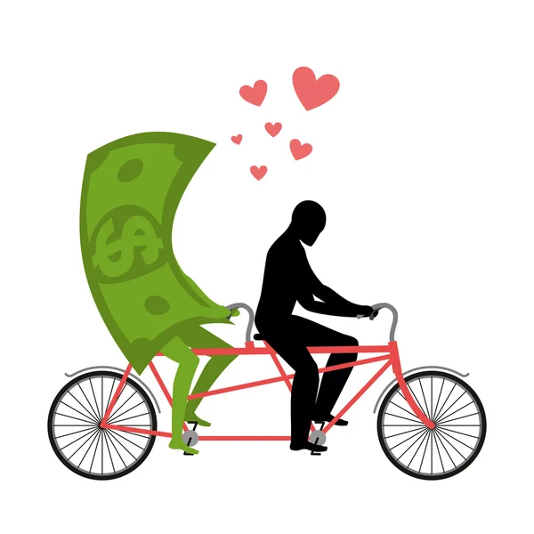 Money for bike. Lovers of cycling. Man rolls dollar on tandem. J — Stok Vektör