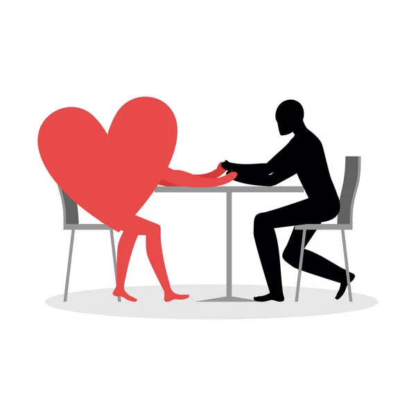 Amante en la cafetería. El hombre y el corazón se sientan a la mesa. Amor en el restaurante . — Vector de stock