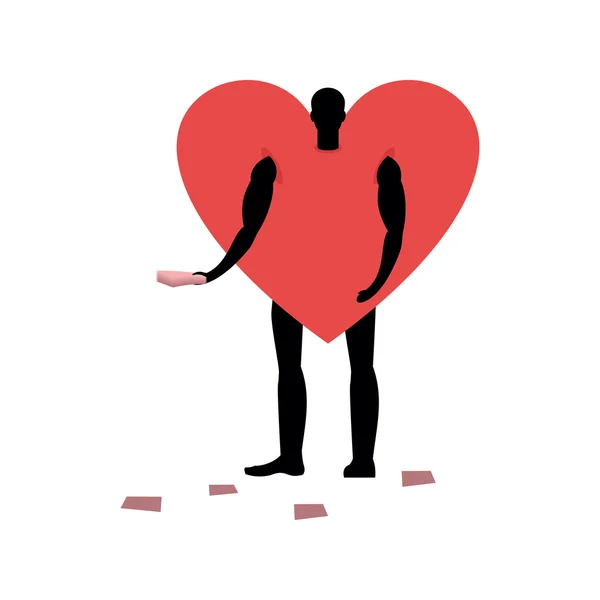 Liebeserklärer. Mann im Herzkostüm verteilt Flyer. Liebe mas — Stockvektor