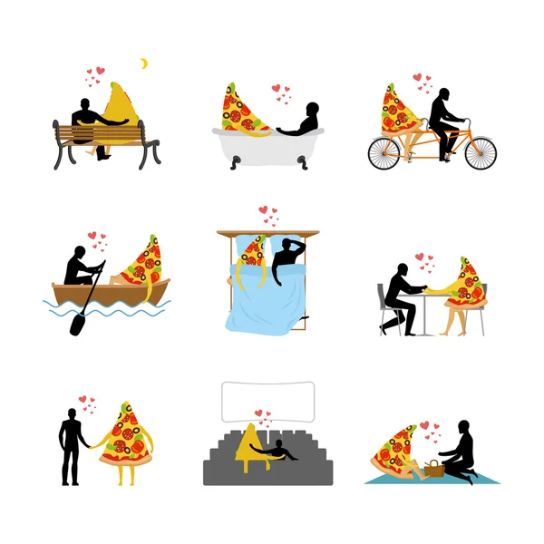love of pizza set. Man and slice of pizza in movie theater. Lovers in bath. Romantic rendezvous with food. Boating feed. Joint walk. Cycling tandem. Breakfast in cafe. Picnic in park. life gourmet