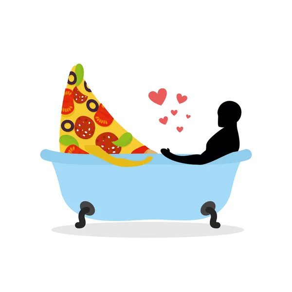 I love food. Piece of pizza and man in bath. Man and pizza is ta — Stock Vector