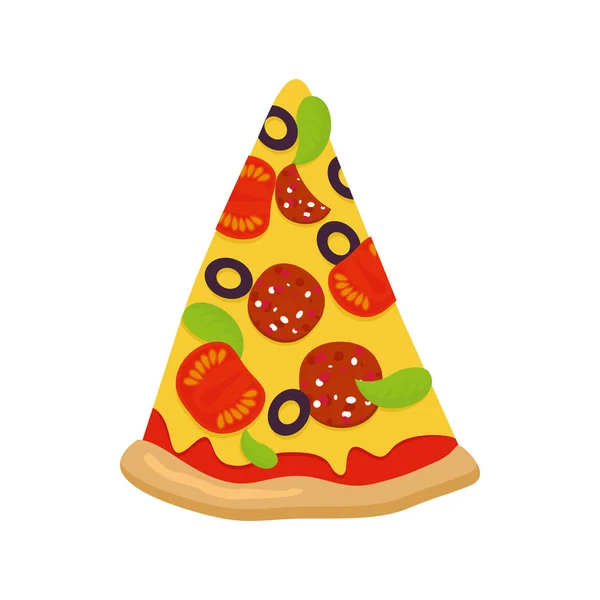 Stukje pizza op witte achtergrond. Tomaten en worst kaas — Stockvector