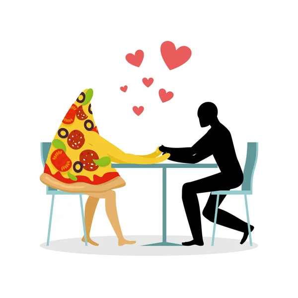 Lover pizza in cafe. Man and a slice of pizza sitting at table. — Stock Vector