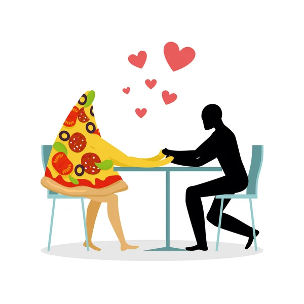 Pizza de amante en la cafetería. Hombre y una rebanada de pizza sentados a la mesa . Gráficos Vectoriales