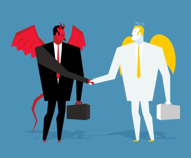 Melek ve iblis anlaşması. Şeytan ve melek el sıkışırlar. İş adamlarının el sıkışması. Şeytan ve melek arasında bir sözleşme. Cennet ve cehennem arasındaki anlaşma. Lucifer iş elbisesi ve melek yöneticisi cennet