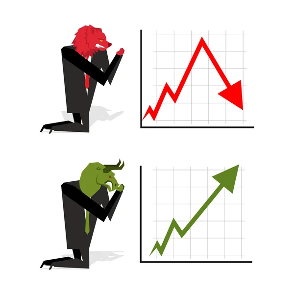 Bika és a medve imádkozni fogadni Értéktőzsdén. Zöld felfelé mutató nyilat. Piros — Stock Vector