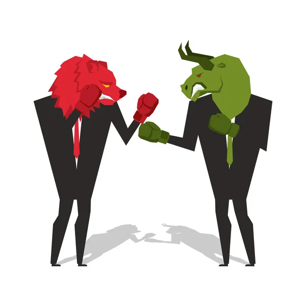Urso e touro são boxe. Os comerciantes lutam. Empresários combatem em b —  Vetores de Stock