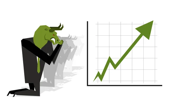 Green Bull reza por el aumento de los tipos de cambio en la bolsa. Arro verde — Vector de stock