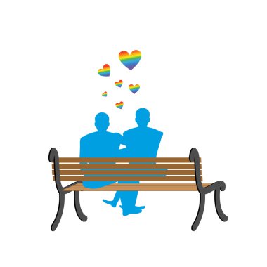 Gays on bench. Appointment of two blue men. Romantic LGBT illust