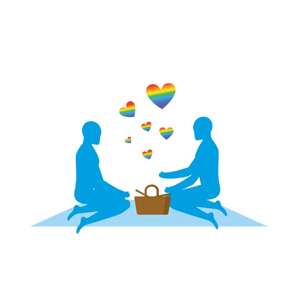 LGBT picnic. Gay Rendezvous in Park. Rural jaunt lovers men. Mea — стоковий вектор