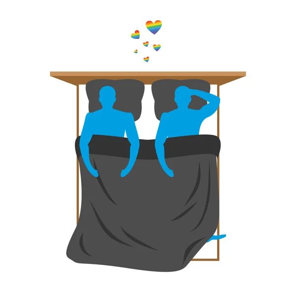 게이 에 침대. 침대 꼭대기 보기에서 연인. 두 명의 파란색 사람들이 침대에 있습니다.. — 스톡 벡터