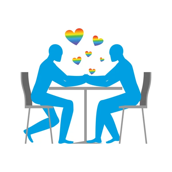 Геи в кафе. Радужное сердце - символ ЛГБТ-любви. Два голубых человека — стоковый вектор
