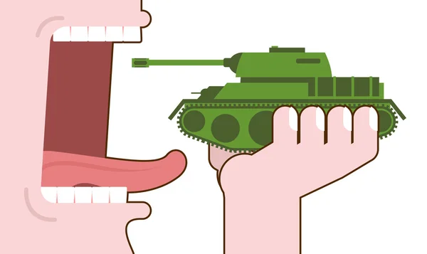 Man eten tank. Vernietiging van militair transport. Open mond w — Stockvector