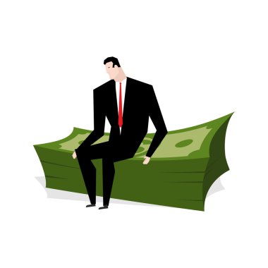 Dolar yığınının üzerinde oturan işadamı. İşadamı ve kar.