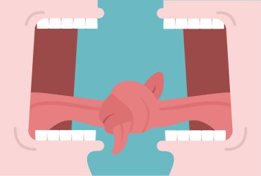 Dil iletişim bağlı. İki kişi arasındaki görüşmeye. Antlaşma. Açık ağız ve diş. iletişim 