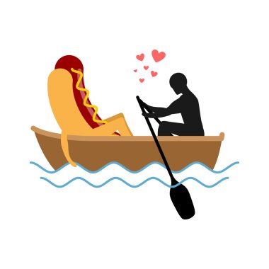 Man and hot dog in boat ride. Lovers of sailing. Man rolls fast 
