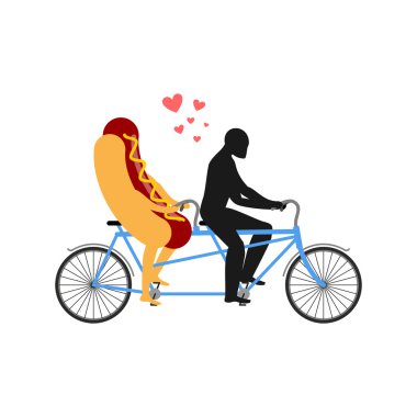 Hot dog on bicycle. Lovers of cycling. Man rolls fast food on ta