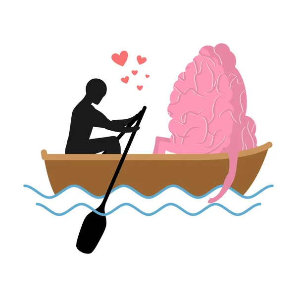 Man and brain and ride in boat. Lovers of sailing. Man rolls cen — Stok Vektör