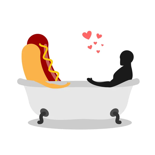Me encanta la comida. Perro caliente y amante en el baño. El hombre y la comida rápida es tak — Vector de stock