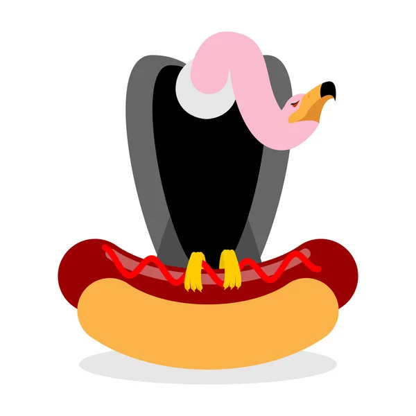 Keselyűk és hot dog. Gyász beleharapott gyorsétterem. Condor és az élelmiszer. GRI — Stock Vector