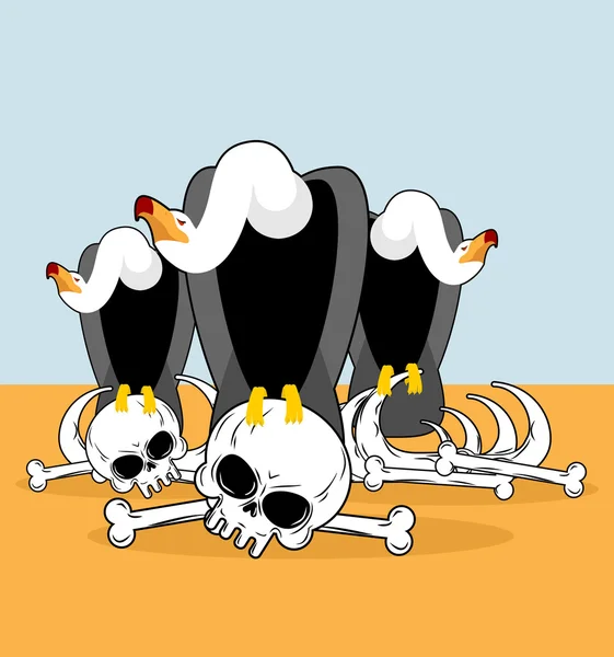 Geier auf Knochen in der Wüste. Greifvögel nagen an Knochen. Kondor und Skel — Stockvektor