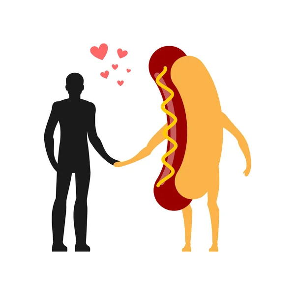 Enamorado en el hombre perrito caliente. Hombre y comida rápida. Amantes tomados de la mano — Archivo Imágenes Vectoriales