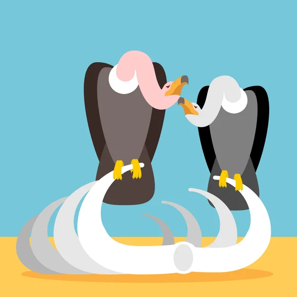 Des vautours sur des restes de squelette. Griffon assis sur les bords. Oiseau Sca — Image vectorielle