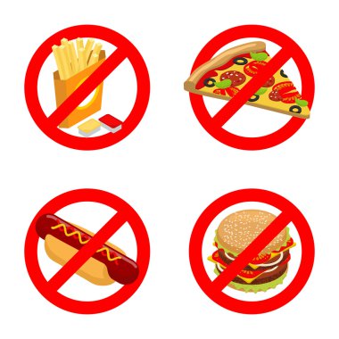 Fast food'u bırak. Diyet işareti. Sağlıksız yiyecekleri yasakla. Bu yasaktır t