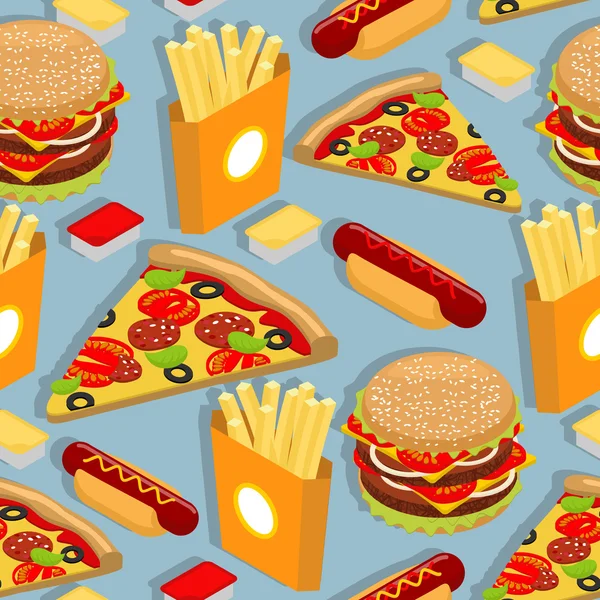 Fast food modèle sans couture. Un fond de hot-dog. Grand hamburger juteux — Image vectorielle