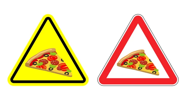 Warning attention sign pizza. Dangers yellow sign fast food. Del — Stockvector